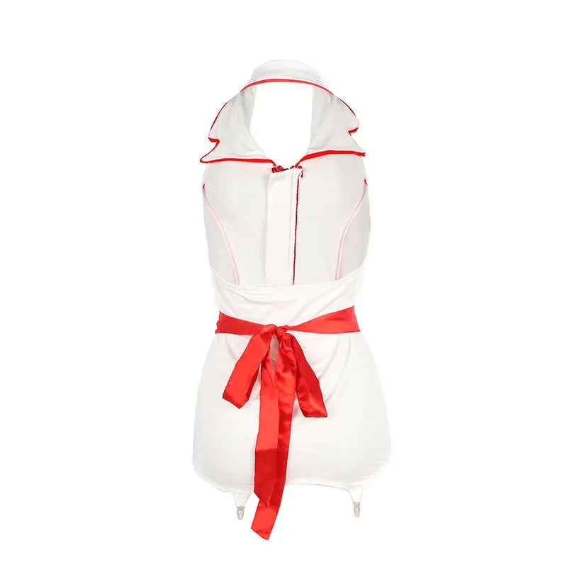Déguisement infirmière sexy rouge et blanc, coupe ajustée, polyester élasthanne, Subblime, vue arrière avec ceinture rouge.