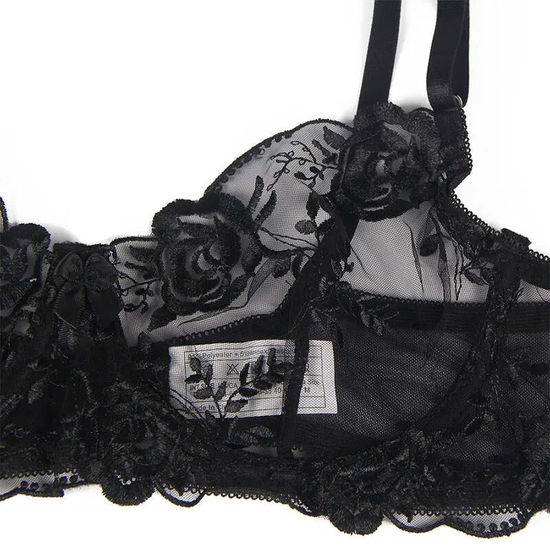 Ensemble lingerie noir floral, soutien-gorge, tanga, jarretière, microfibre douce, élégant et sensuel, haute qualité.