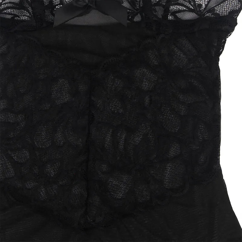 lingerie femme grande taille dentelle transparente noire élégante sexy babydoll polyester élasthanne extensible confort maintien détail nœud sophistiquée séduction soirée