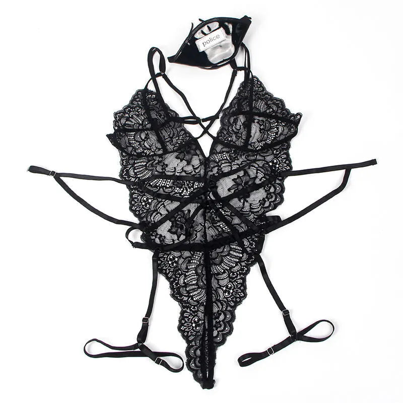 lingerie sexy déguisement policier féminine dentelle noire combinaison bretelles chapeau jarretière ajustée élasthanne polyester moulante sensuelle