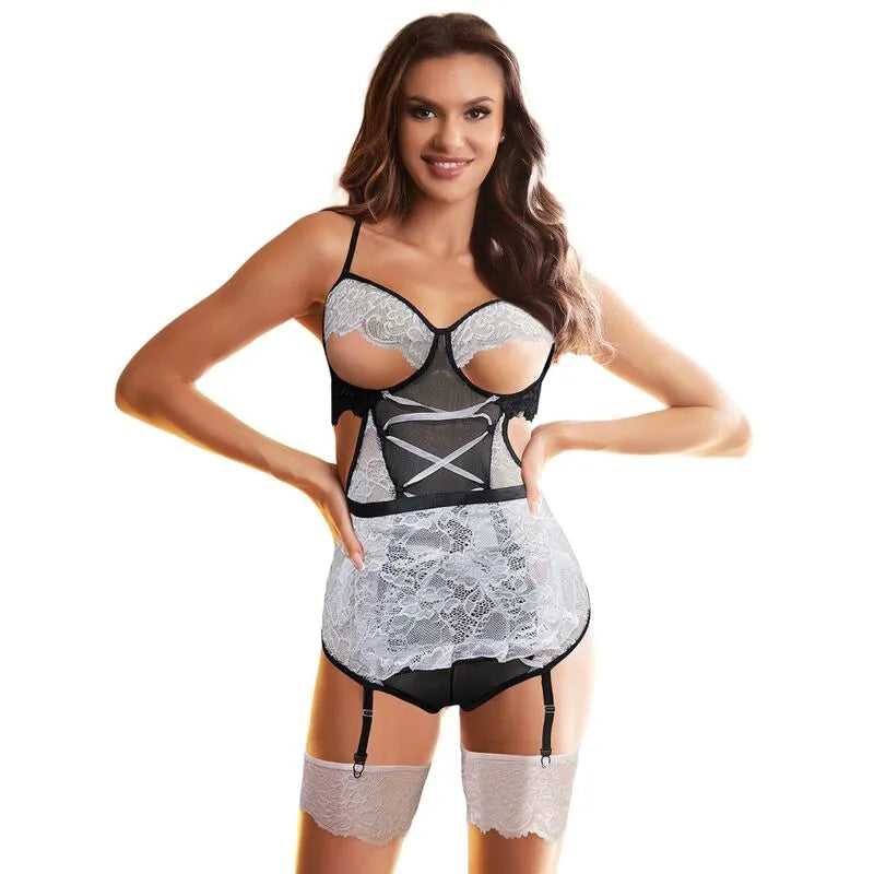 Lingerie sensuelle servante Subblime noir blanc confortable extensible satinée corset ouverture poitrine silhouette galbante tailles variées élégante