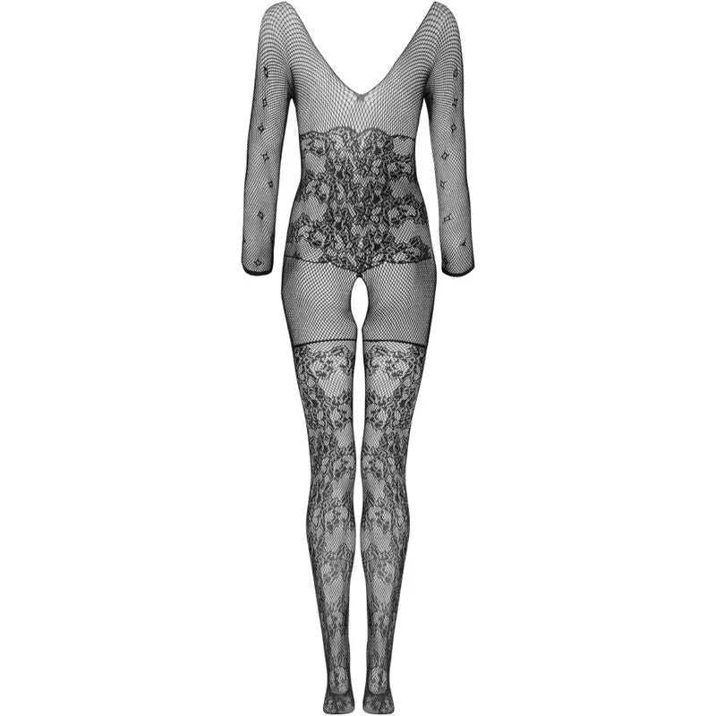 Combinaison lingerie noire en dentelle motif végétal, manches longues, ajustable, élégante et sensuelle, taille unique.