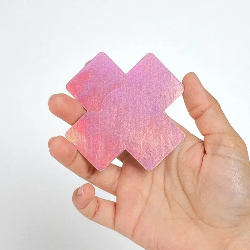Cache-tétons holographiques croix noir rose, brillants, 8cm, pour soirées glamour et festivals, confortables et adhésifs.