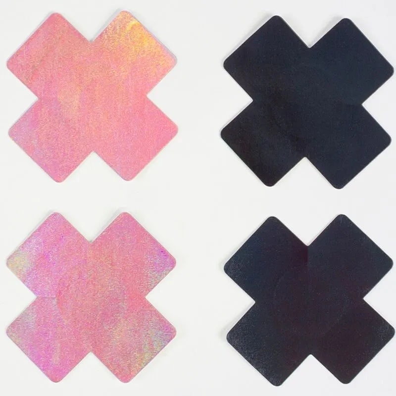 Cache-tétons holographiques croix noir rose, 8cm, séduisants et confortables pour soirées glamour et festivals.