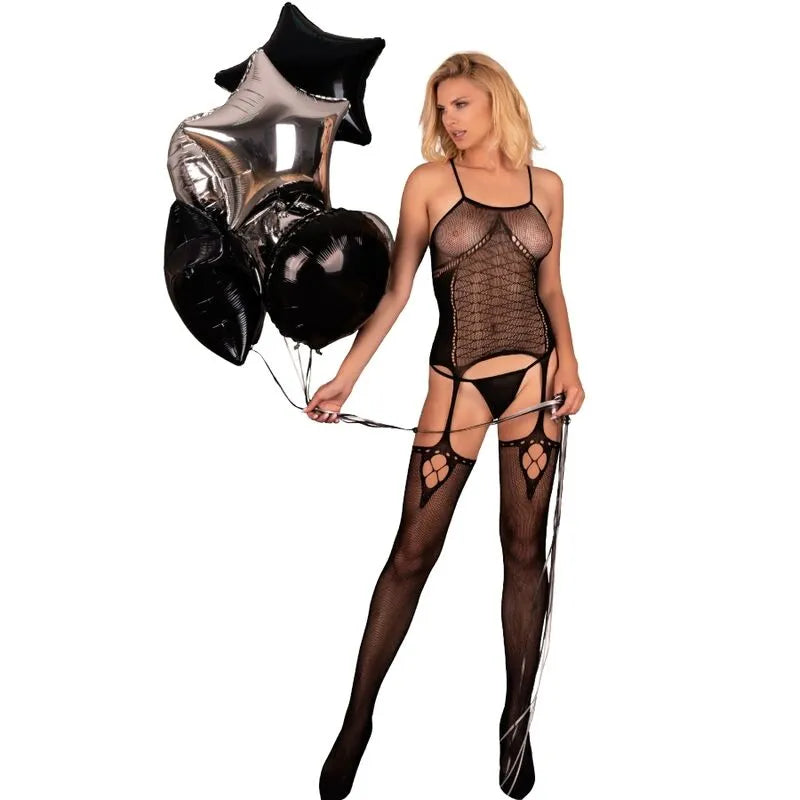 Combinaison dentelle noire sensuelle, effet résille gainant, décolleté plongeant, élégante et audacieuse pour séduction fé...