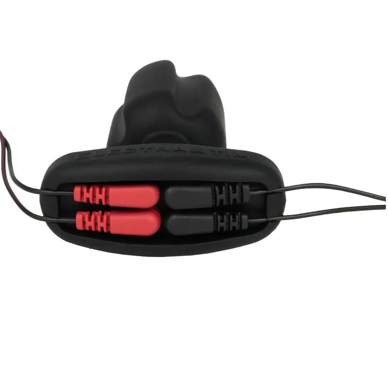 Plug anal quadripolaire noir en silicone, forme de balle avec câbles électriques rouges et noirs pour stimulation intense.