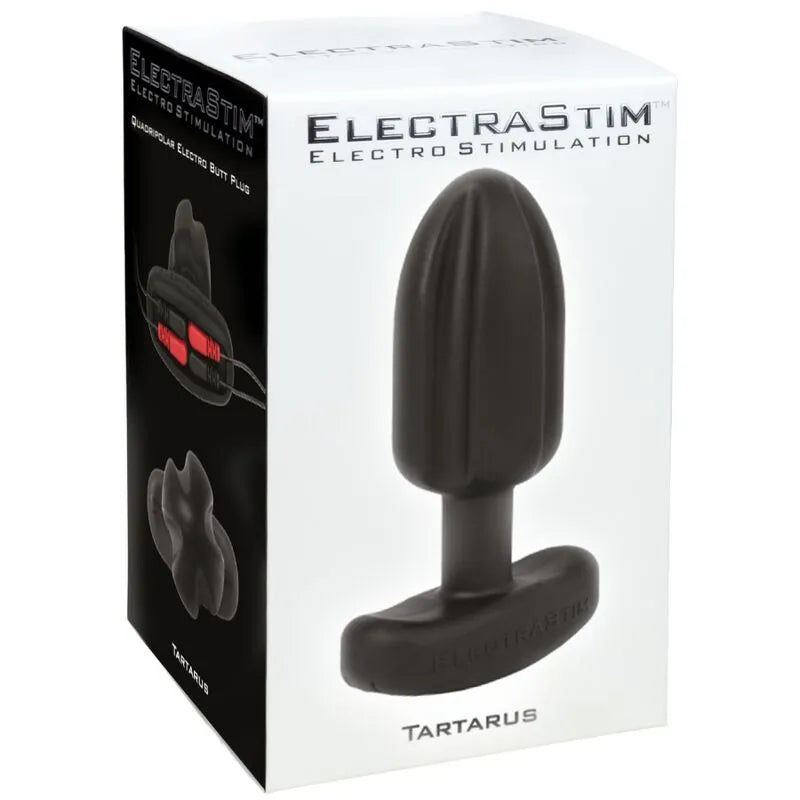 Plug anal quadripolaire noir en silicone Tartarus, forme de balle, sur boîte ElectraStim, stimulation électrique.