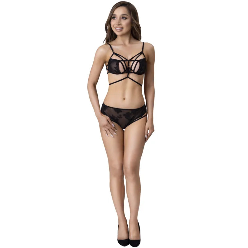 Ensemble lingerie dentelle noire Livco Corsetti Eliana, design sophistiqué, bretelles ajustables, polyamide élasthanne.