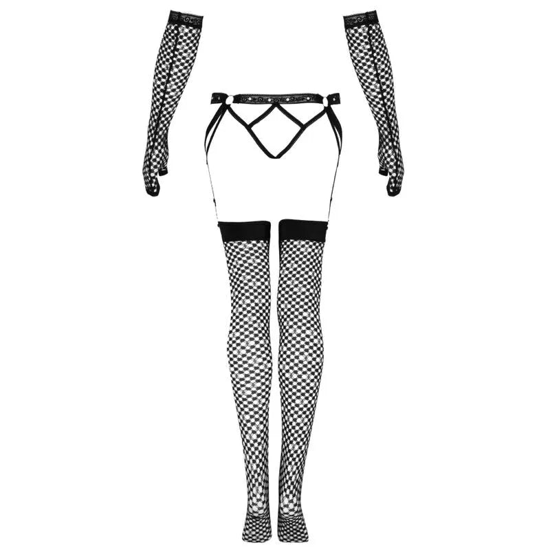 Ensemble porte-jarretelles noir résille avec bas et gants Livco Corsetti, taille S/M, élégance et sensualité raffinée.