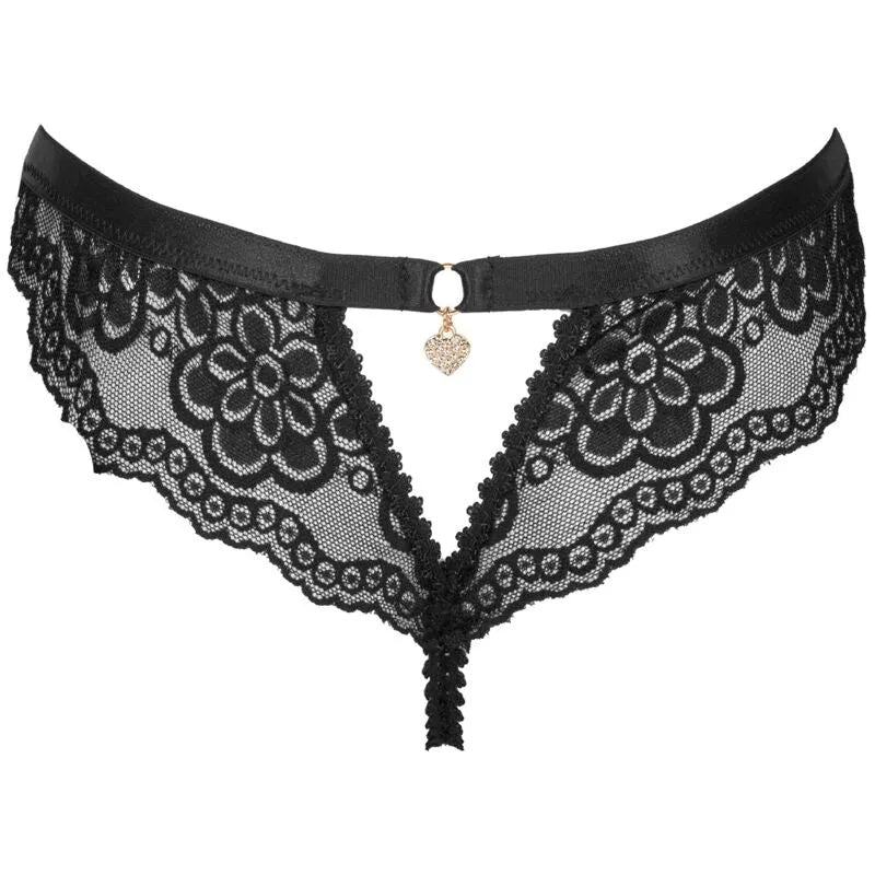 Culotte dentelle noire ouverte avec cristaux en forme de cœur, design élégant et audacieux pour féminité sublimée.