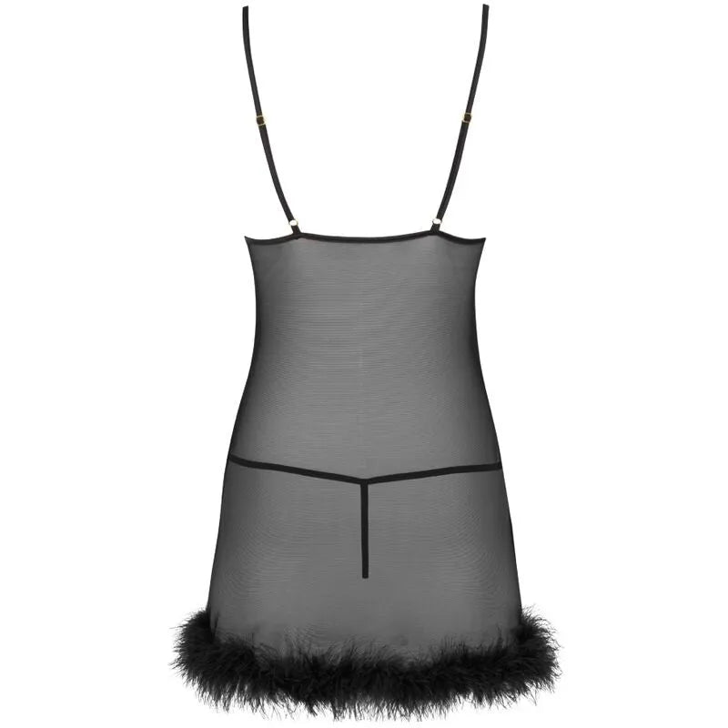 Ensemble lingerie noire dentelle semi-transparente, bretelles fines, string assorti, élégance et confort pour femmes.