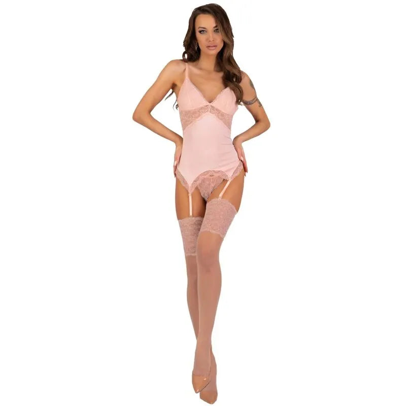 Ensemble lingerie rose trois pièces dentelle avec corset et bas, élégant et raffiné, pour femme, Livco Corsetti Fashion.