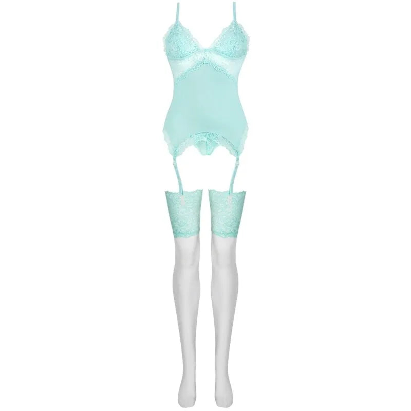 Ensemble lingerie dentelle turquoise Livco Corsetti Emporio, trois pièces, élégant, féminin, avec jarretelles et détails r...