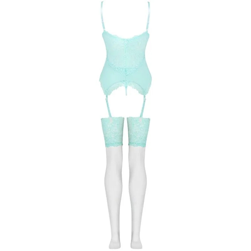 Ensemble lingerie dentelle turquoise Livco Corsetti, trois pièces, bretelles fines, jarretelles, détails élégants.