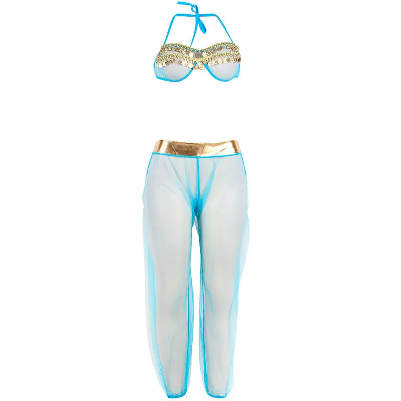 Ensemble lingerie bleu indien avec bralette sensuelle, paillettes dorées, design exotique et sophistiqué.
