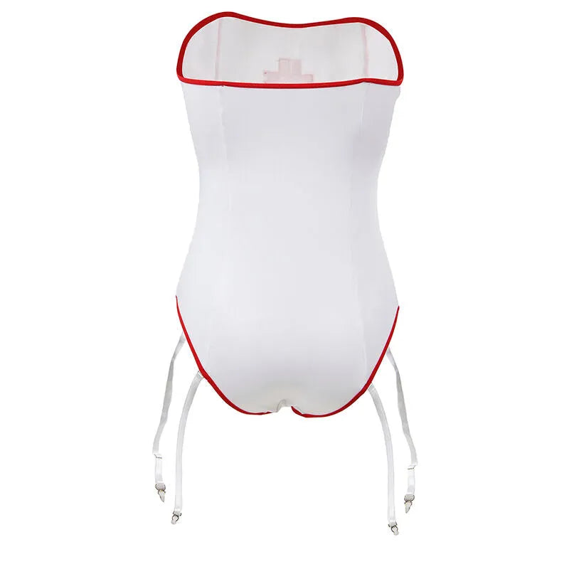 Costume infirmière sexy blanc, épaules dénudées, bordures rouges, polyester élasthanne, séduisant et confortable.