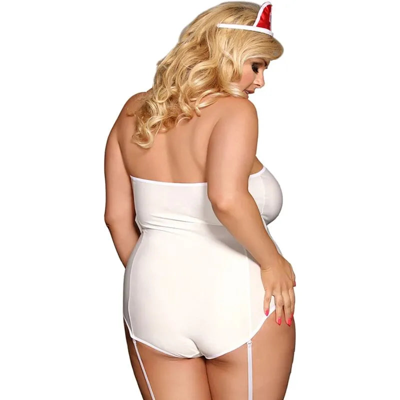 Costume infirmière sexy blanc épaules dénudées, moulant, avec serre-tête, en polyester élasthanne, séduisant et élégant.