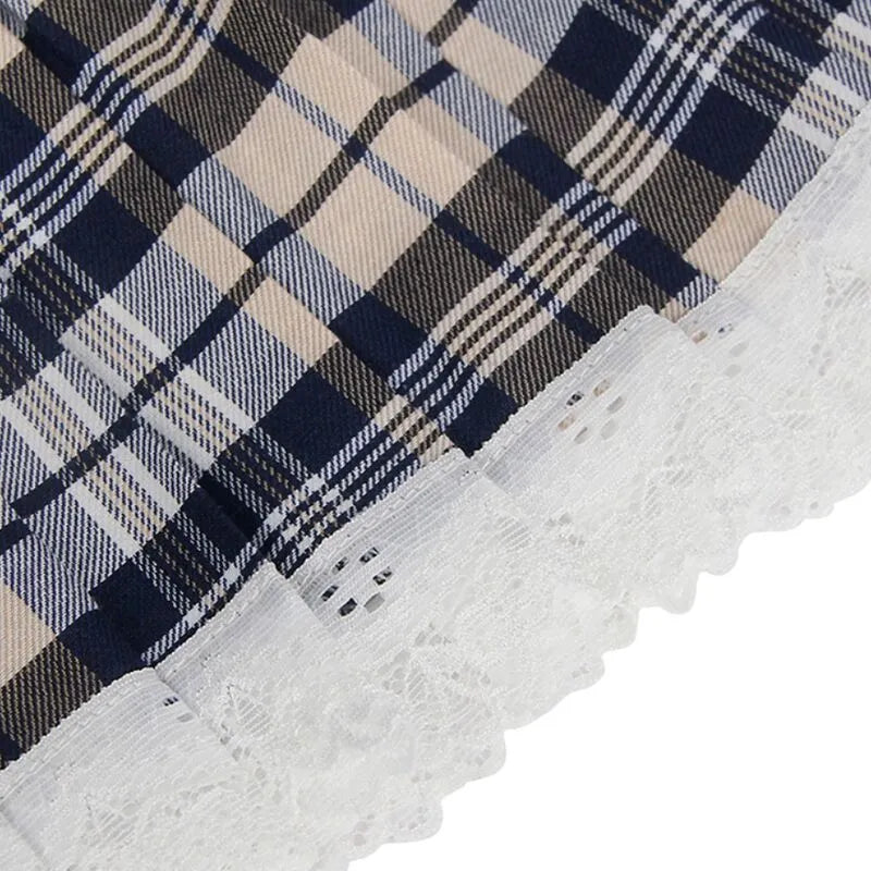 Jupe à carreaux Subblime avec dentelle blanche, polyester élasthanne, style cosplay sexy, élégant et séduisant.
