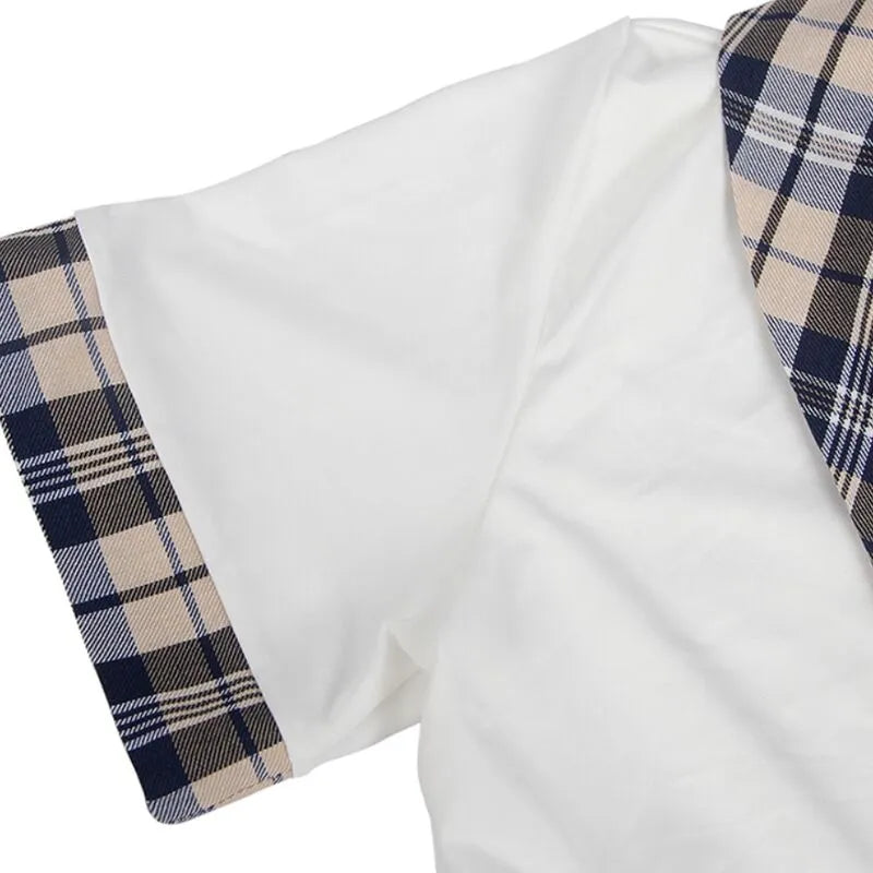 Haut court blanc à manches courtes avec bordure à carreaux, costume cosplay sexy Subblime, élégant et séduisant.
