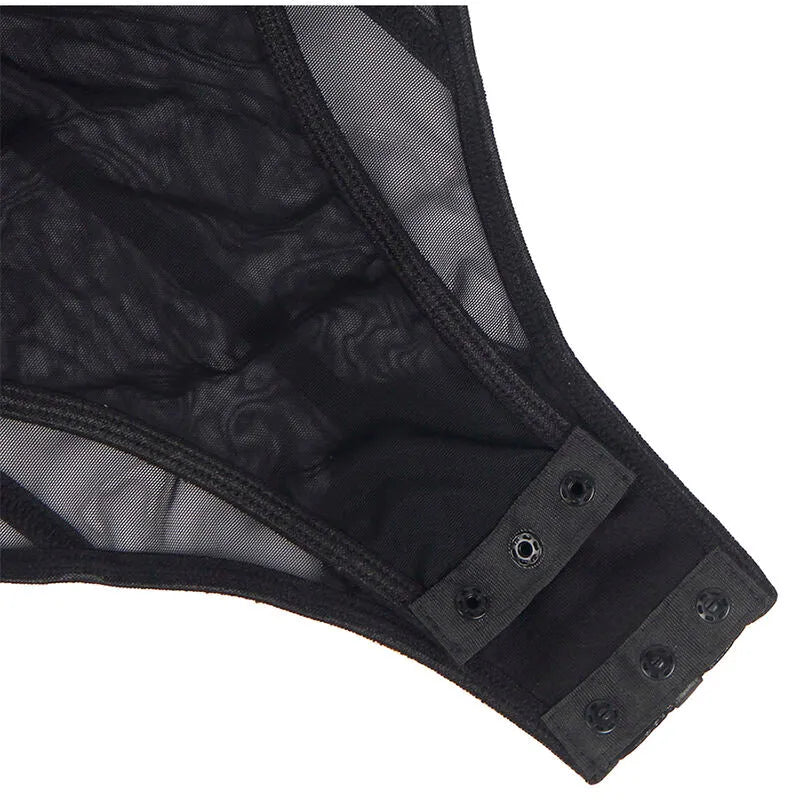 Body noir élégant avec panneaux transparents, sangles métal, armatures intégrées, style moulant et sophistiqué.