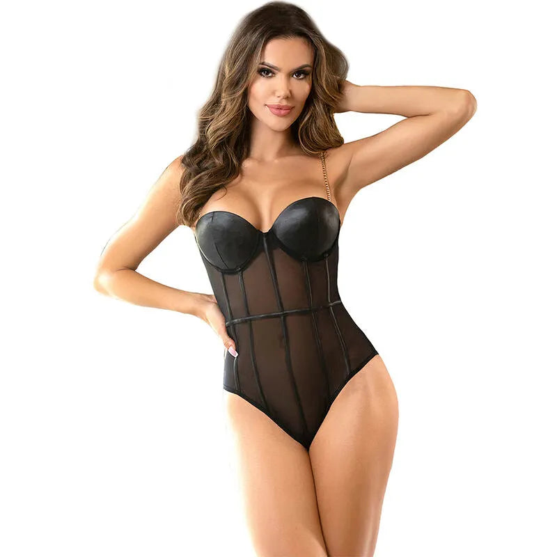 Body femme noir élégant avec sangles métal, panneaux transparents, armatures intégrées, style sexy et sophistiqué.