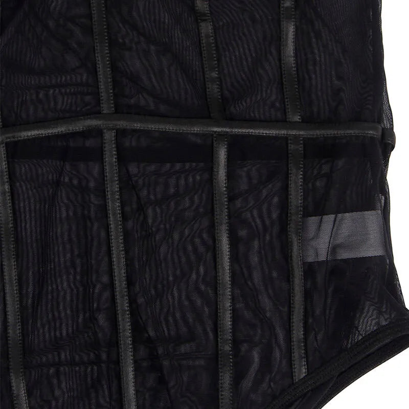Body noir élégant avec sangles métal, panneaux transparents, armatures intégrées, style sophistiqué et moulant.