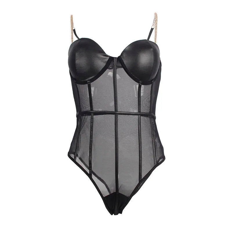 Body femme noir élégant avec sangles métal, panneaux transparents, armatures intégrées, style glamour et sophistiqué.