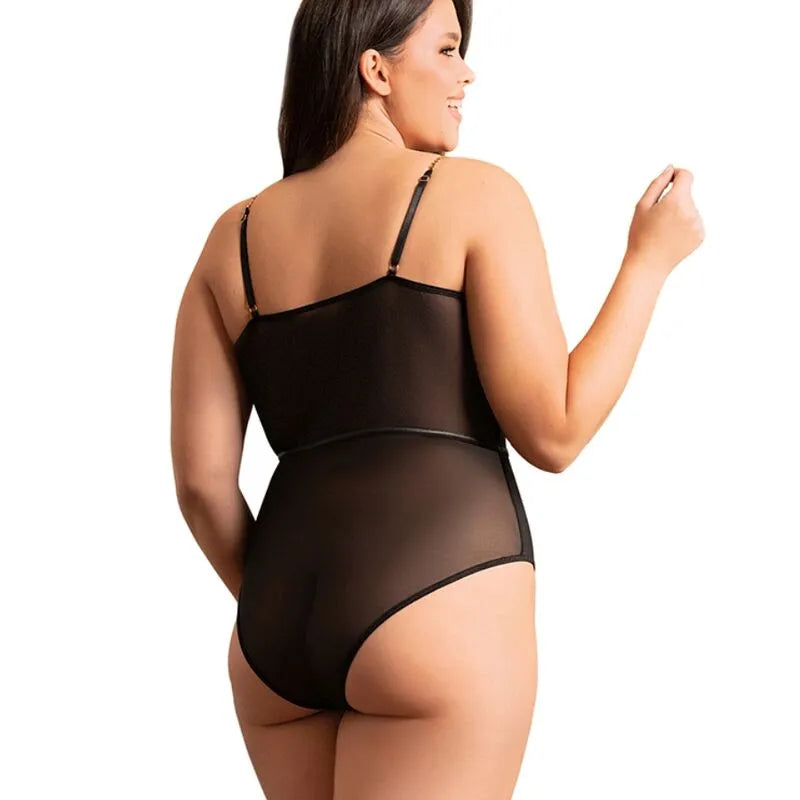 Body femme noir élégant avec sangles métal, panneaux transparents, armatures intégrées, moulant et sophistiqué.