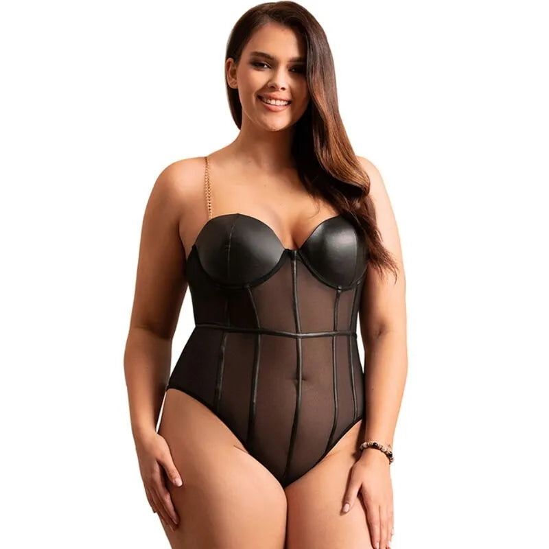 Body femme noir élégant avec sangles métal, panneaux transparents, armatures intégrées, style sexy et sophistiqué.