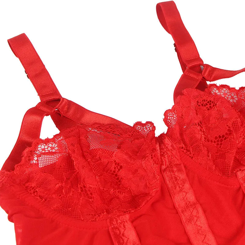 Teddy Sexy Slim Dentelle Jarretelle Anneau Jambe Rouge Subblime
