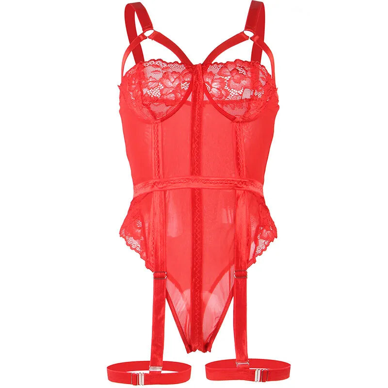 Teddy Sexy Slim Dentelle Jarretelle Anneau Jambe Rouge Subblime