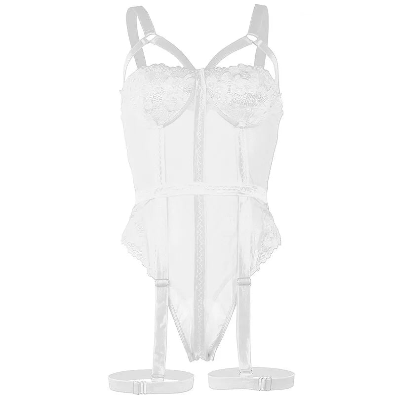 Body dentelle blanche avec jarretières, coupe ajustée, détails élégants, souligne la silhouette féminine.