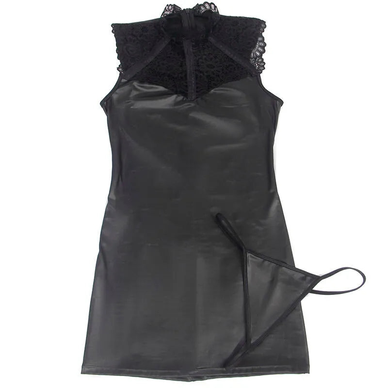 Robe Sexy Dentelle Cuir Noir Subblime Silhouette Soirée Élégante
