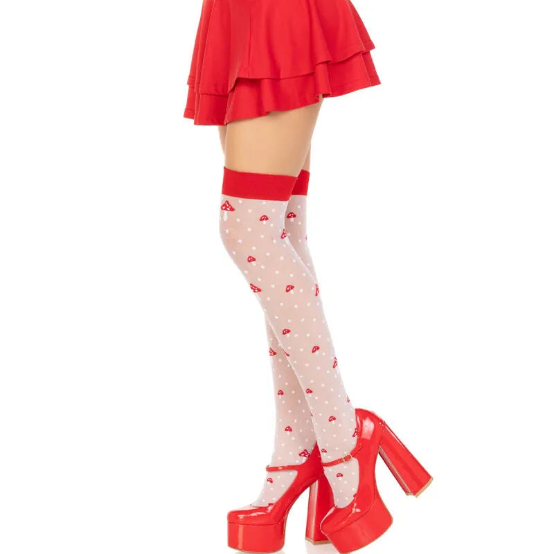Bas cuissardes transparents pois champignons blancs rouges, bande ajustée, style fantaisie, silhouette flatteuse.