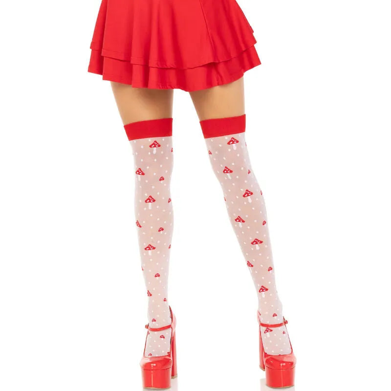 Bas cuissardes transparents élasthanne pois champignons blancs rouges fantaisie sophistiquées confortables extensibles maintien supérieur bande ajustée taille unique silhouette flatteuse