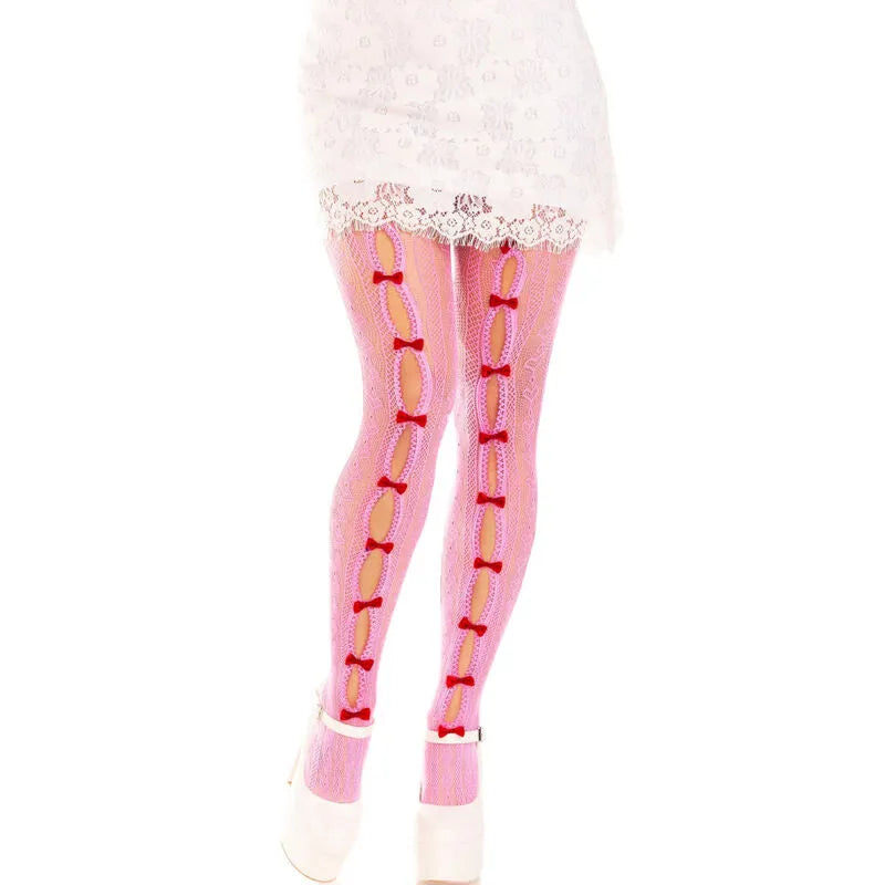 collants résille kawaii motifs cœurs nœuds blanc rose femme tendance élégance féminité confort extensible nylon élasthanne taille unique bout renforcé