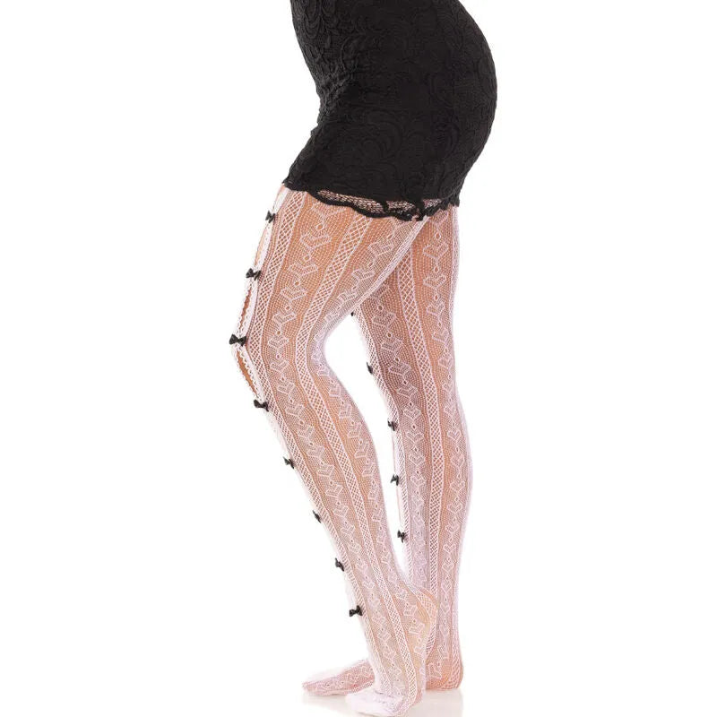 Collants résille blancs et roses avec motifs cœur et nœuds, dentelle chic, style kawaii, femme, mode moderne et ludique.