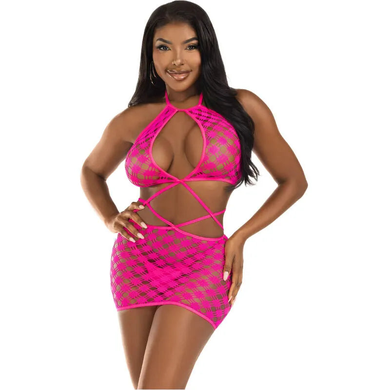 mini robe résille sexy noir fuchsia col licou ouverture trou serrure maille extensible ajustement parfait taille unique silhouette rehaussée