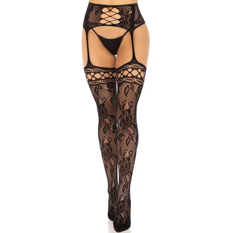 bas jarretière dentelle rose couture arrière portejarretelles intégré élégant romantique noir polyester élasthanne bonneterie extensible confort durable sophistiqué glamour séduisant