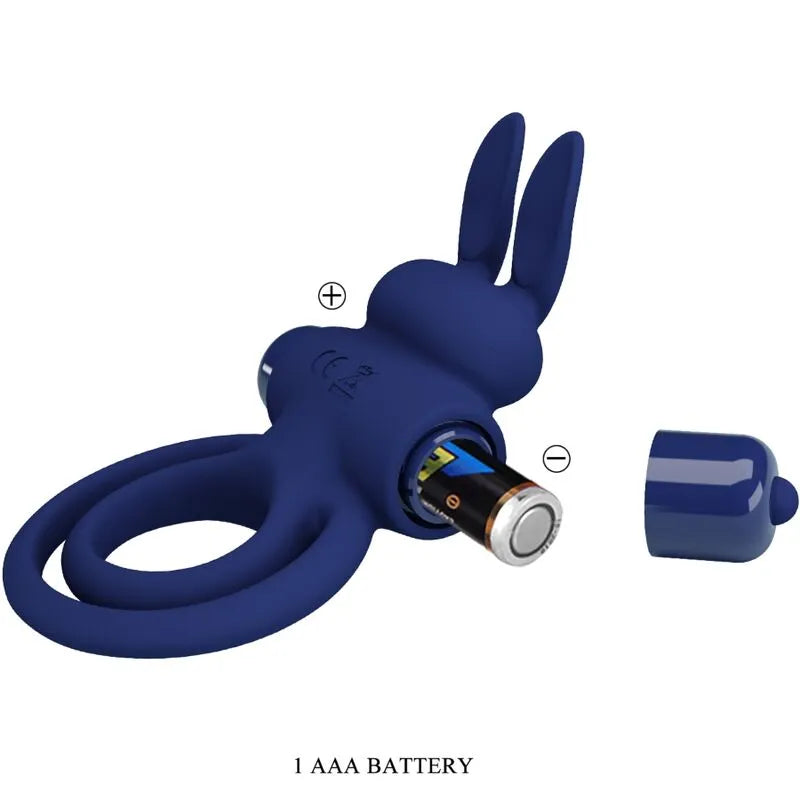 Anneau pénien vibrant bleu silicone, forme lapin, 10 vibrations, stimulation clitoridienne, pile AAA, couples.