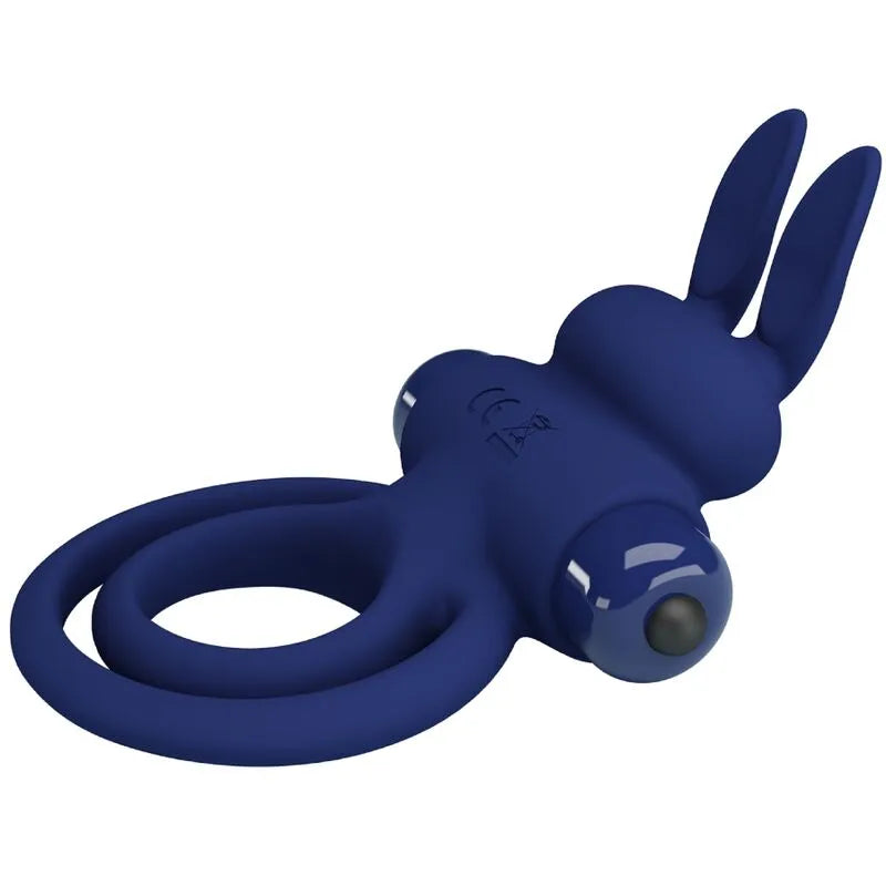Anneau pénien vibrant bleu silicone, forme lapin, double anneau, stimulation clitoridienne, 10 vibrations, hypoallergénique.