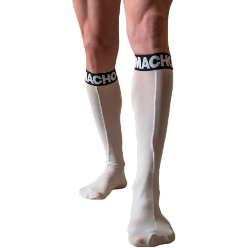 chaussettes macho fétiche semi transparentes elastiques blanches rouges bande maintien polyester haute densité taille unique confortable séduisantes provocantes