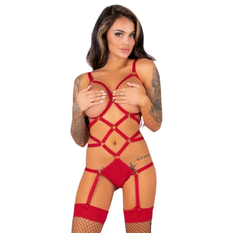 LIVCO CORSETTI Thiara ensemble lingerie érotique dentelle satin noir rouge rayures anneaux métalliques bretelles réglables bas maille confortable
