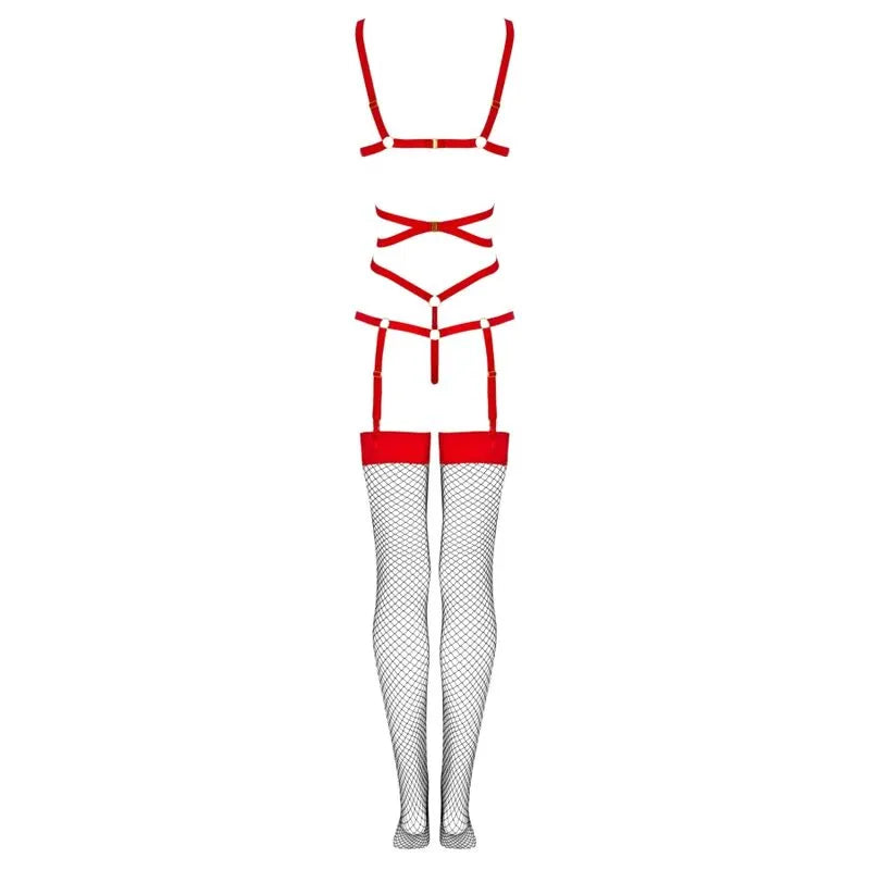 LIVCO CORSETTI Thiara ensemble lingerie érotique dentelle satin noir rouge rayures anneaux métalliques bretelles réglables bas maille confortable
