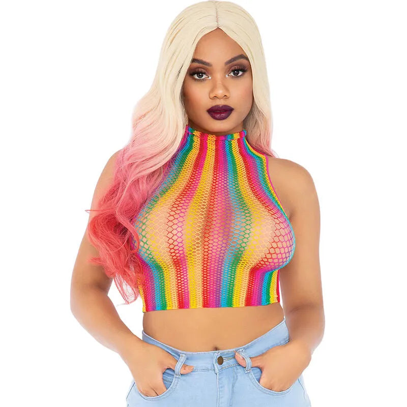 haut court col roulé filet multicolore extensible respirant doux élastique nylon élasthanne taille unique festivals soirées audacieuse vibrant accrocheur