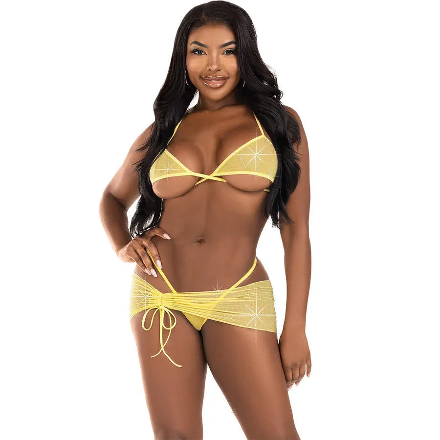 Ensemble bikini lingerie camouflage strass rose jaune bleu, soutien-gorge maille, jupe portefeuille, string élastique.
