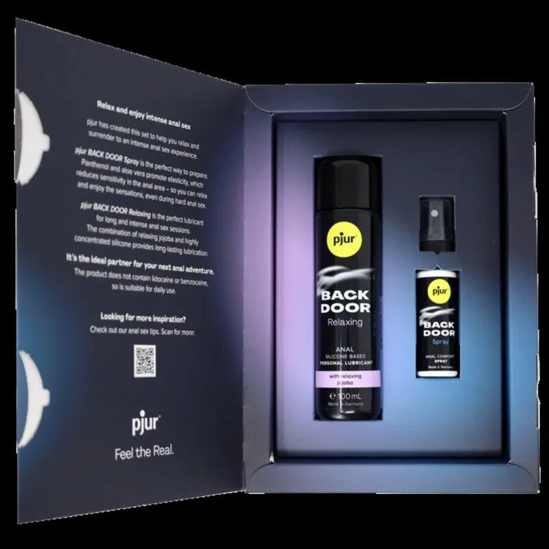 Ensemble lubrifiant anal silicone et spray relaxant, flacons noirs et blancs, boîte ouverte, fond bleu.