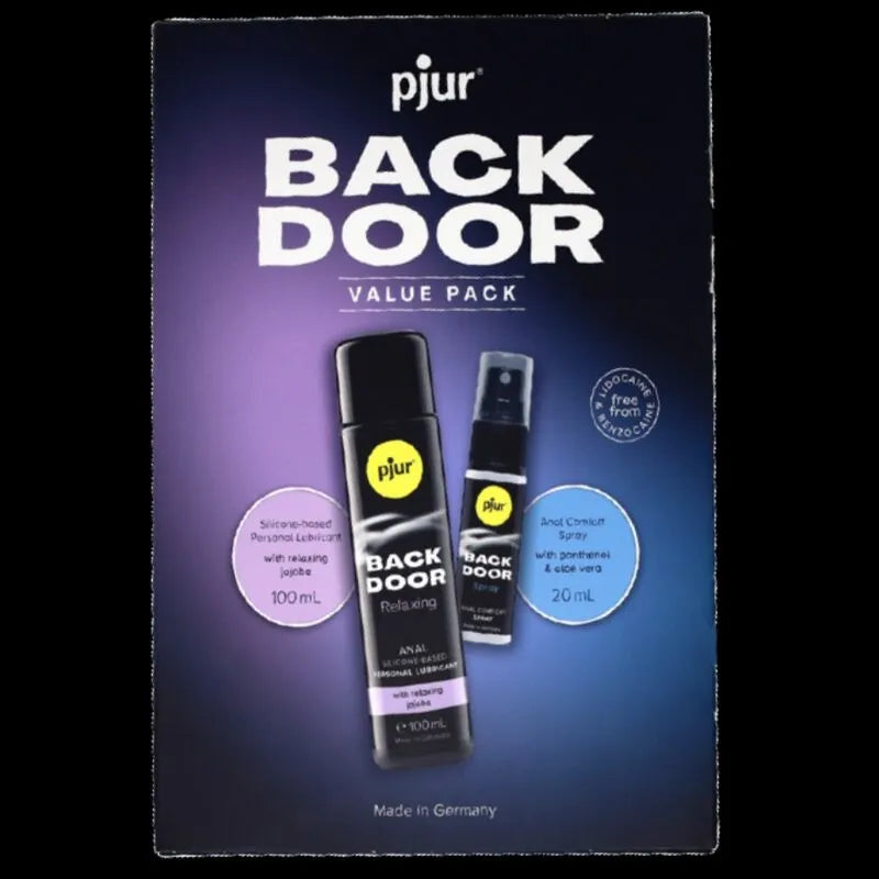 Ensemble lubrifiant anal silicone jojoba, spray relaxant, flacons noirs et violets, confort et douceur, usage quotidien.