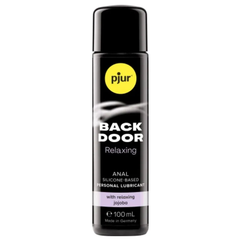 Flacon noir de lubrifiant anal silicone avec jojoba, spray relaxant, 100ml, pour confort et élasticité, usage quotidien.