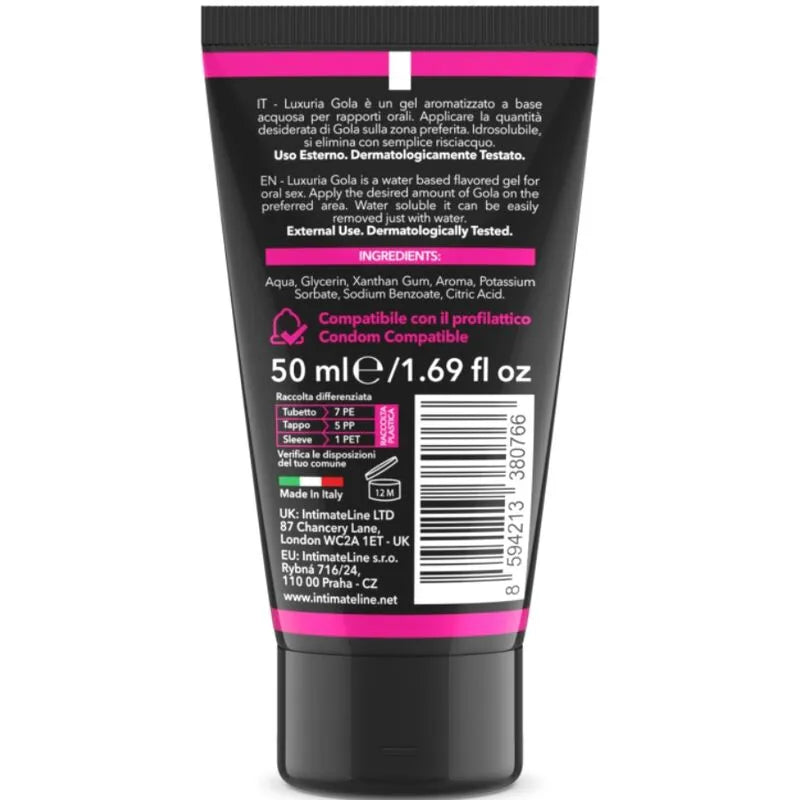 Intimateline Luxuria gel sexuel oral saveur cerise 50ml lubrifiant aphrodisiaque sécuritaire sans parabènes base aqueuse compatible préservatifs